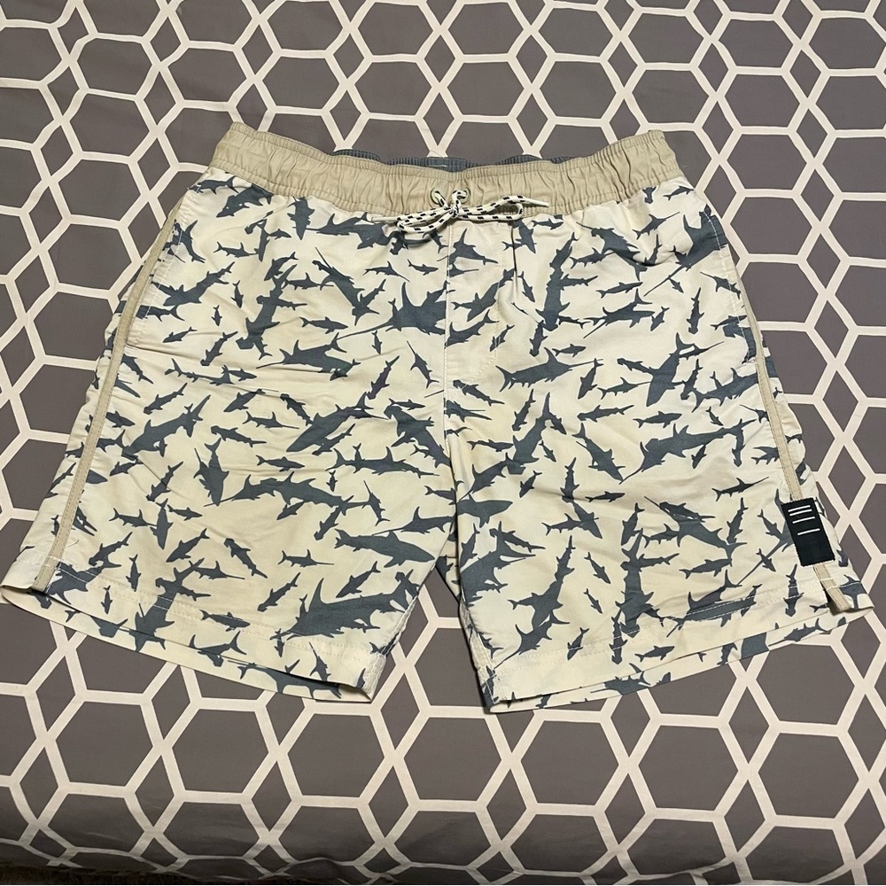 Depactus Men's Shark Print Swim Shorts Beige and Blue